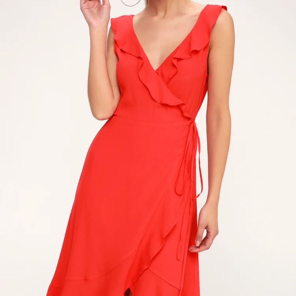 Ensenada Coral Red Ruffled Wrap Midi Dress